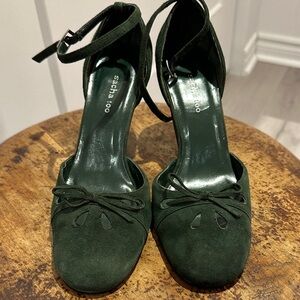 Sacha Too Forest Green Suede Ankle-Strap Heels with Bow
